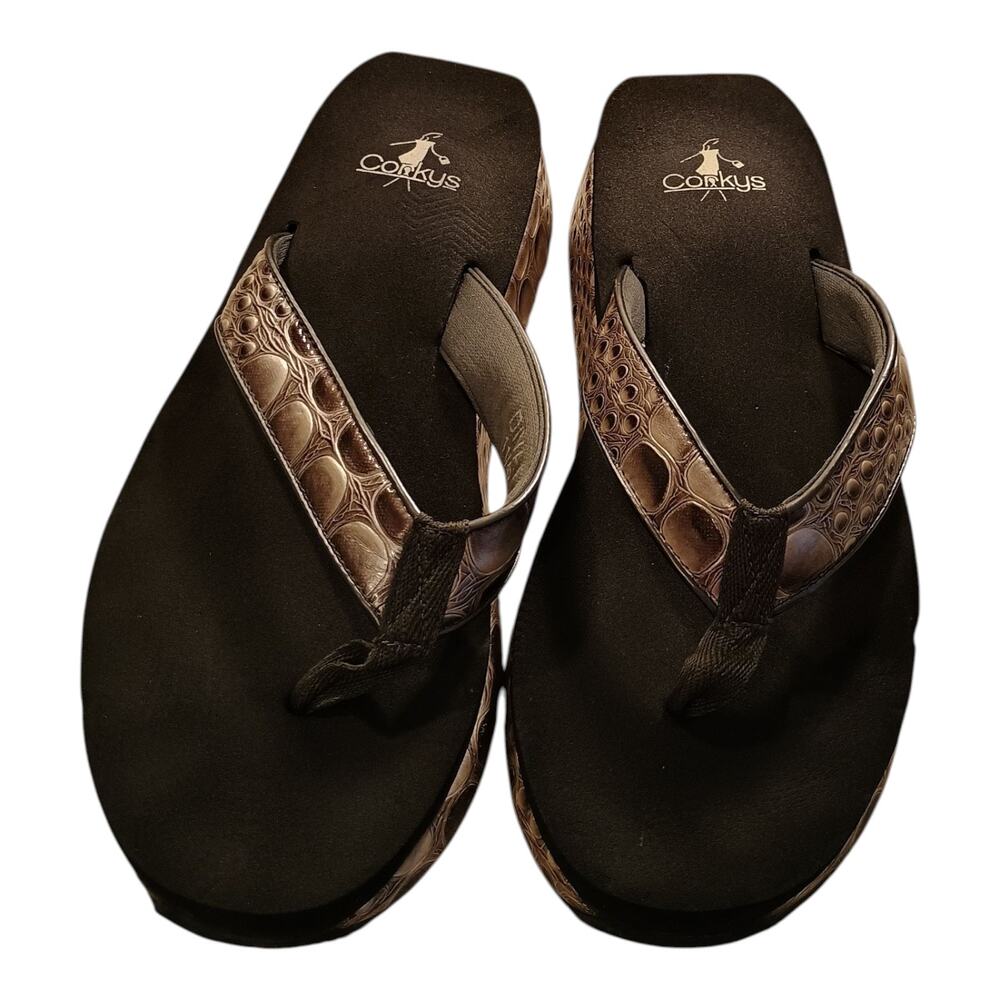 Corkys Women's Diva Silver And Black Alligator Print Flip‎ Flops Size 11